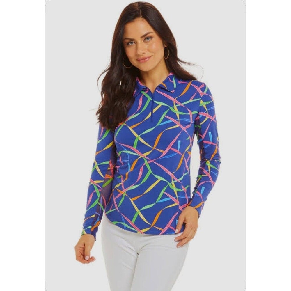 IBKUL Gifted Print 1/4 Zip Pullover Women's Small Blue Mesh Long Sleeves Golf